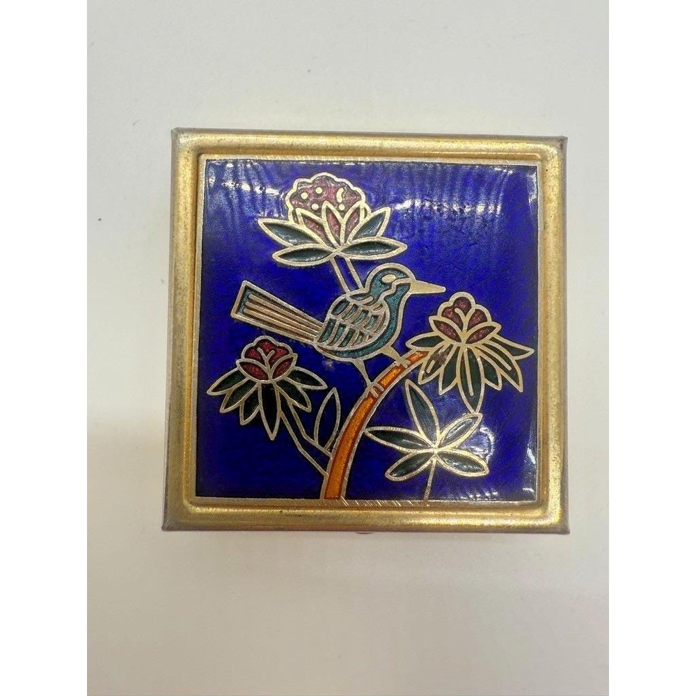 Vintage Guilloché Enamel Bird Cobalt Pill Box – Gilt Metal Trinket Compact ~1.5"